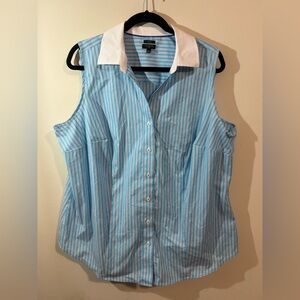 Talbots Women’s 16W Non-Iron Sleeveless Shirt teal white striped‎ button down